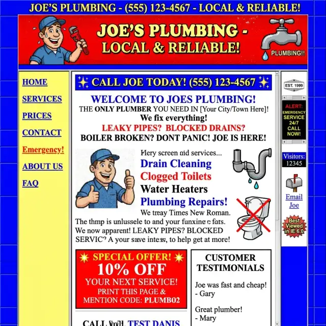 Outdated plumbing website design before optimization